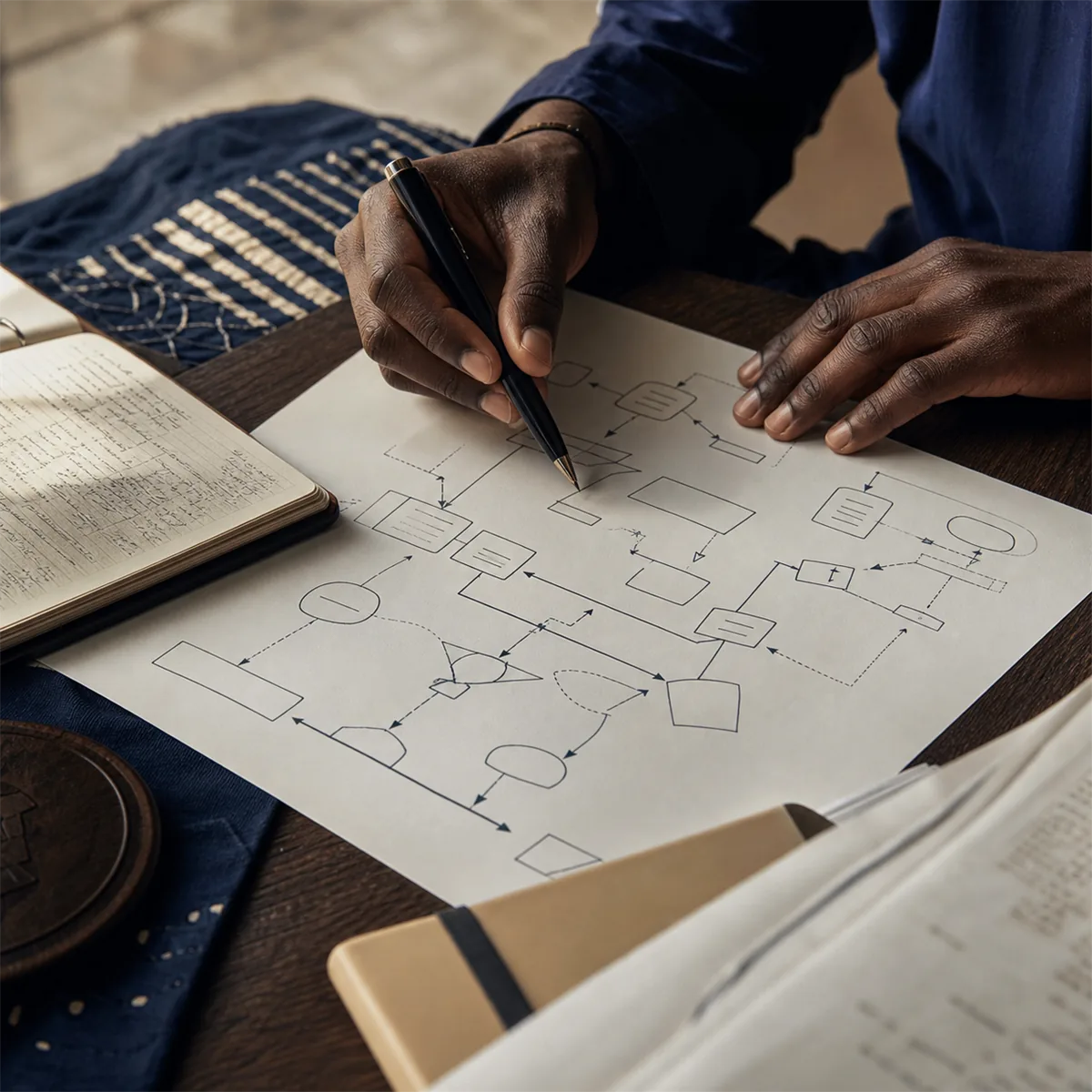 Mains annotant un plan de processus sur papier