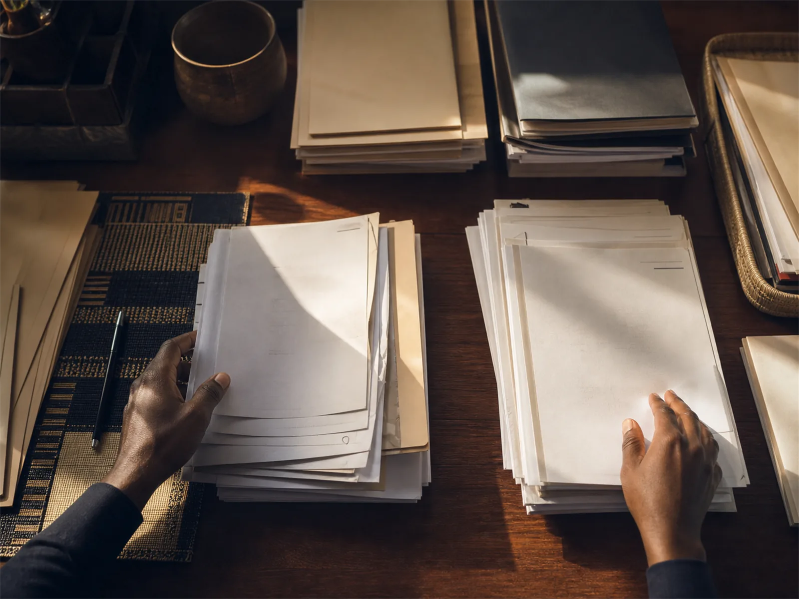 Documents en cours de classement en piles nettes